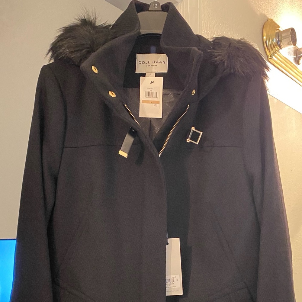 Cole Haan Woman’s Long Coat, Size 12, BLK, New, Never Worn, Tags Still On.